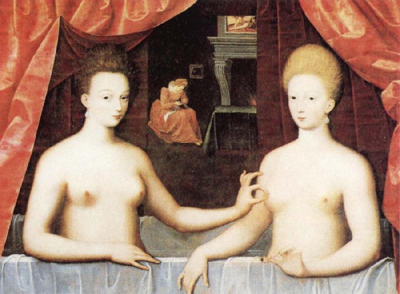 Gabrielle d'Estrees and One of he Sisters in the Bath, School of Fontainebleau